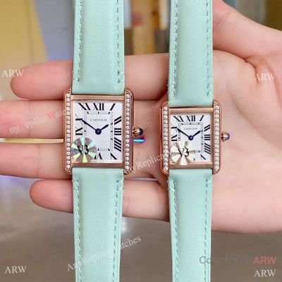 Swiss Quartz Cartier Tank Solo couple Watches Rose Gold Gem-set